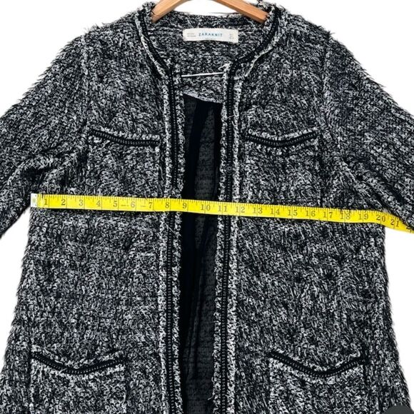 Zara Knit Black White Boucle Open Front Longline Cardigan Coat Jacket Sz L - Picture 10 of 10